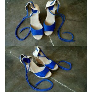 Bright Blue Strappy Ankle Tie Wedges